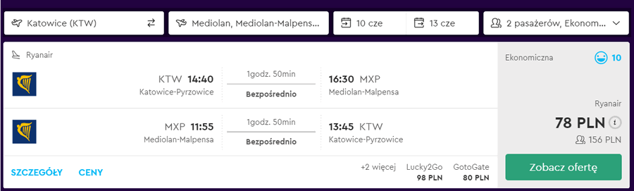 loty do mediolanu