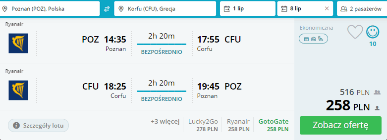 rezerwacja lotów z poznania na korfu