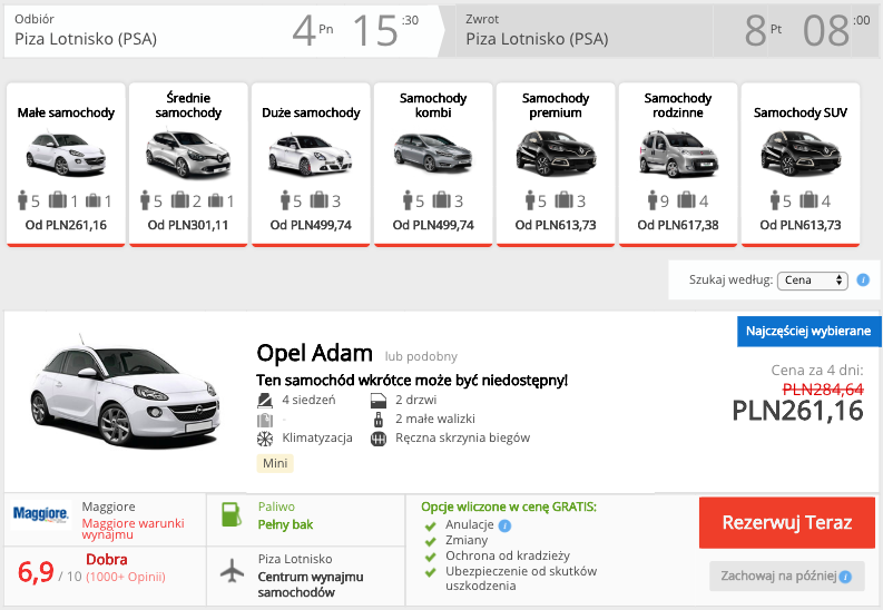 zarezerwuj auto w pizie