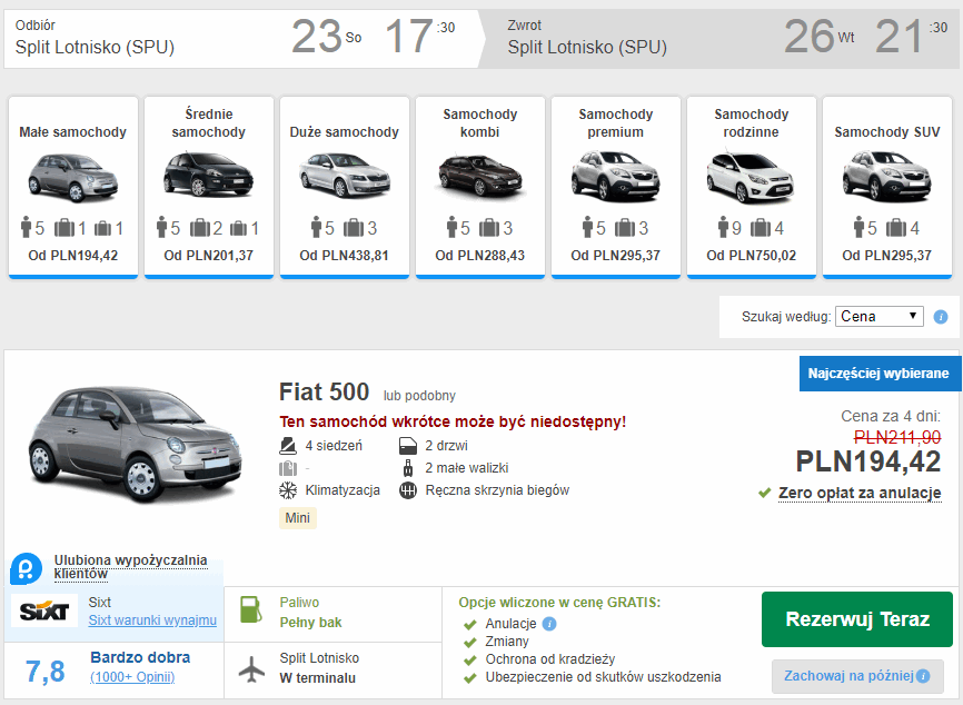wynajem auta split