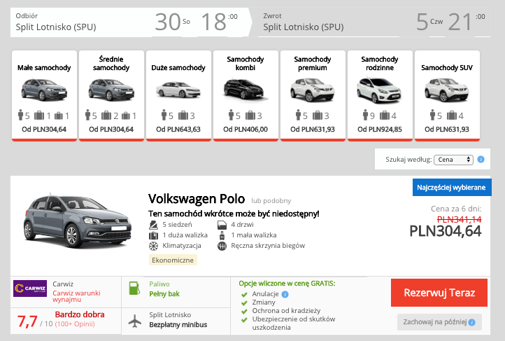 zarezerwuj auto w splicie