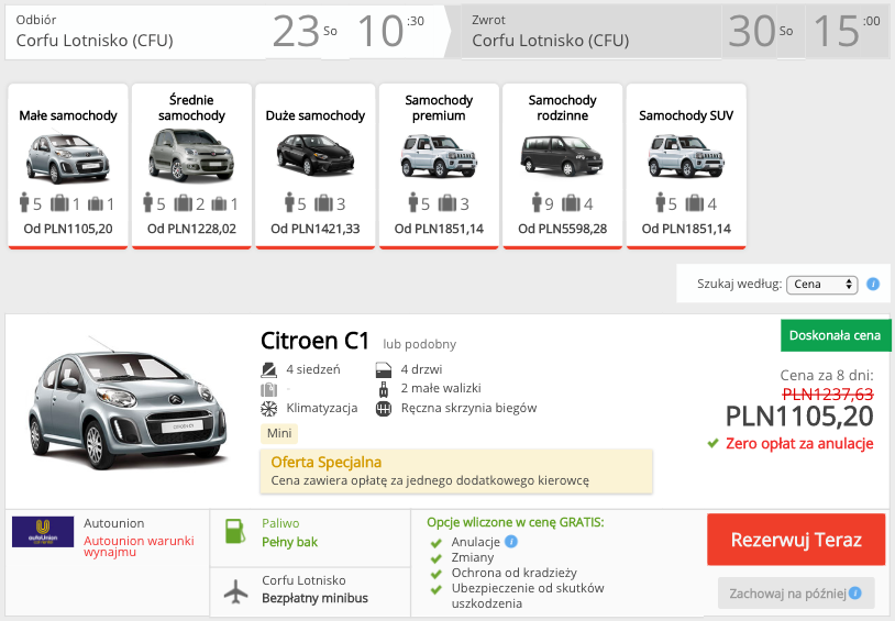 zarezerwuj auto na korfu