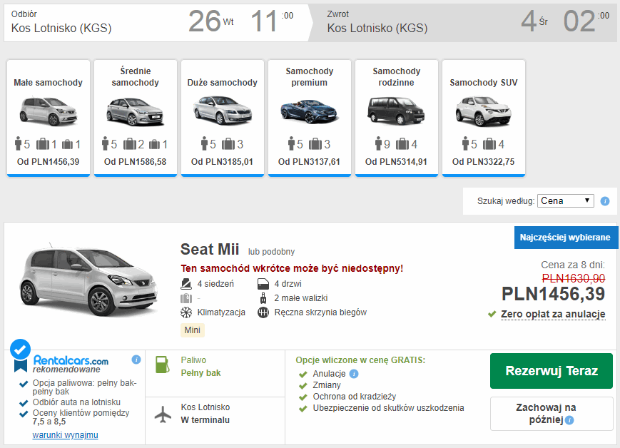 wynajem auta kos