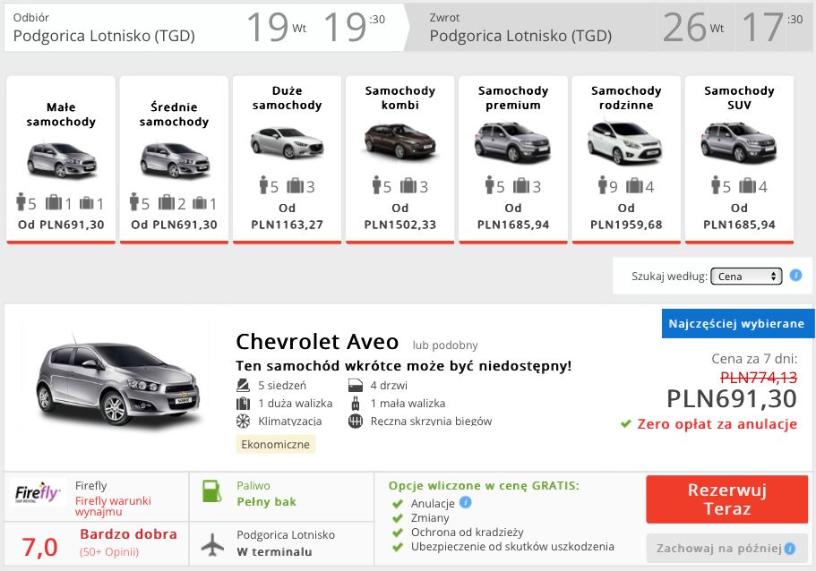 zarezerwuj auto w podgoricy