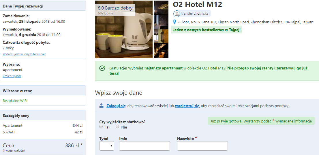 Rezerwacja obiektu w Tajpej