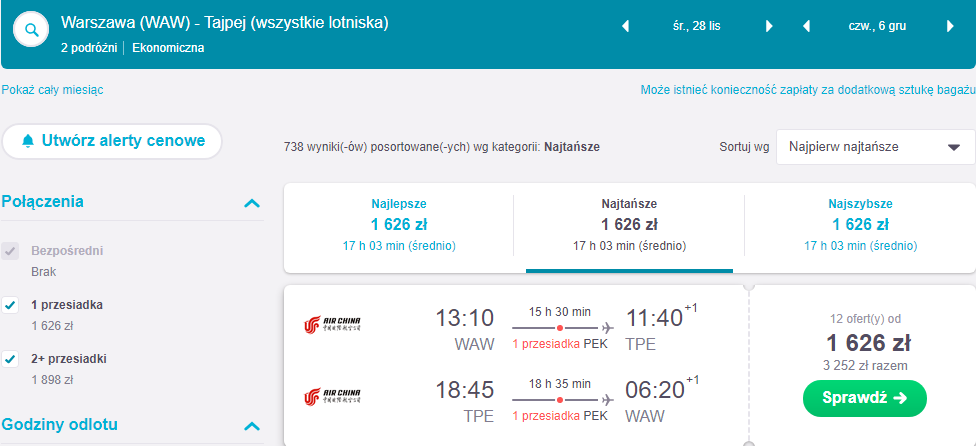 Rezerwacja przelotów do Tajpej