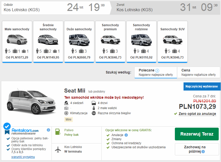 wynajem auta kos