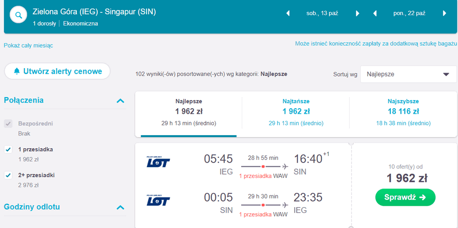 loty do singapuru z zielonej góry