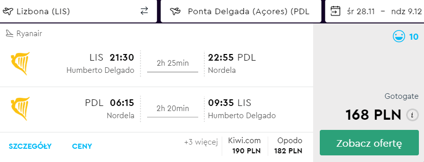 rezerwacja lotów z lizbony do ponta delgada