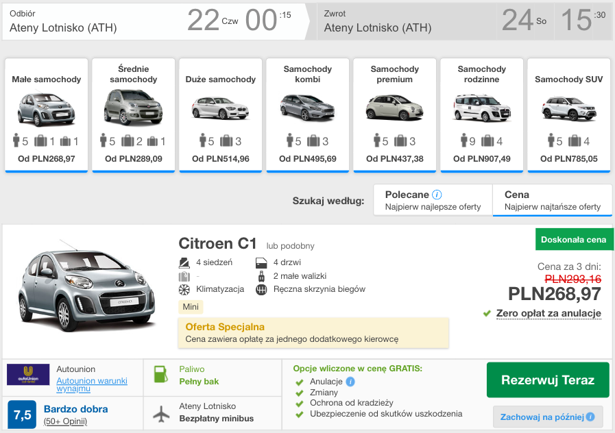 zarezerwuj auto watenach