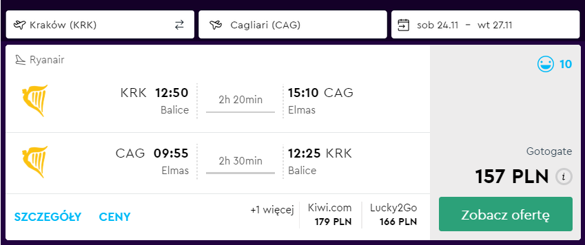 loty do cagliari z krakowa