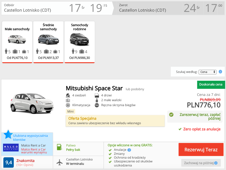 zarezerwuj auto w hiszpaniii