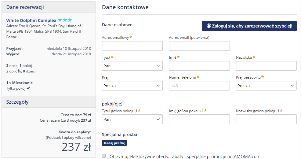 Rezerwacja obiektu na Malcie
