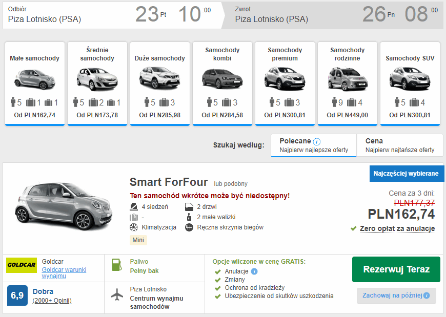 piza wynajem auta