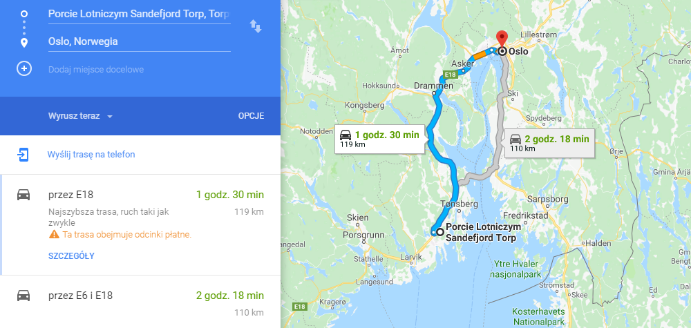 Dojazd z lotniska Sandefjord-Torp