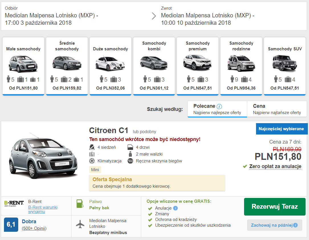 mediolan wypożyczenie samochodu