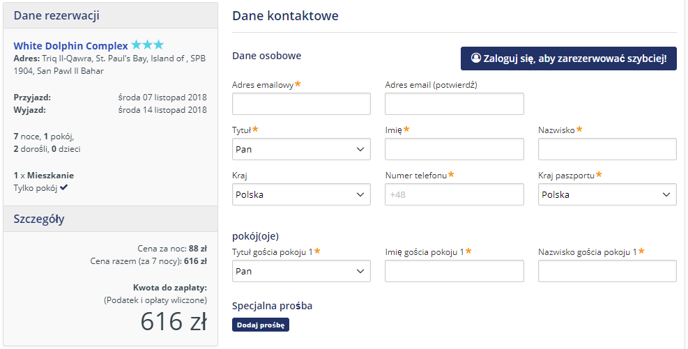 Rezerwacja obiektu na Malcie