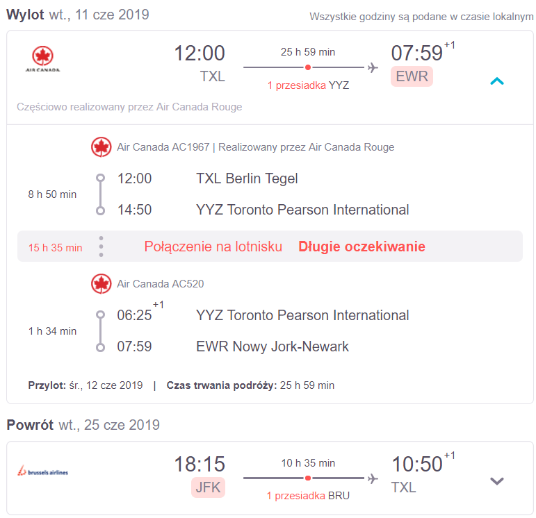 loty do nowego jorku przez toronto