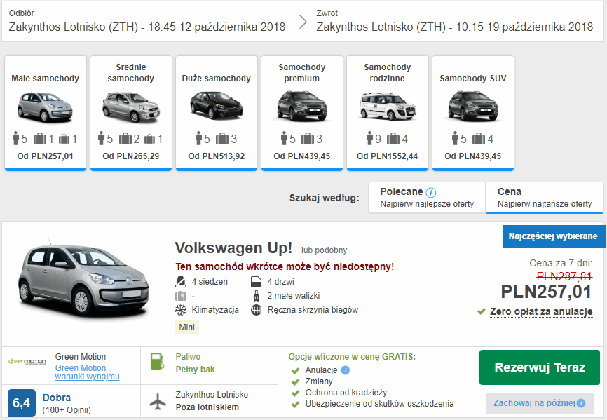 wynajem auta zakynthos