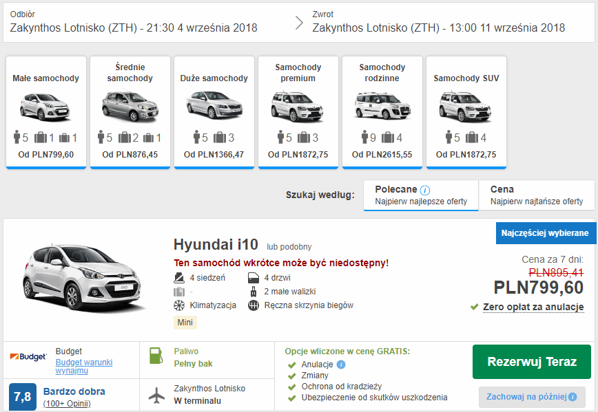 wynajem auta zakynthos