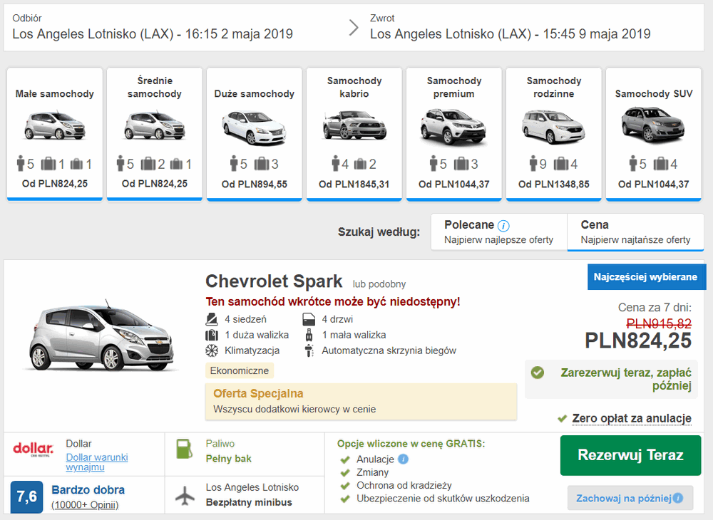 los angeles auto wypożyczenie