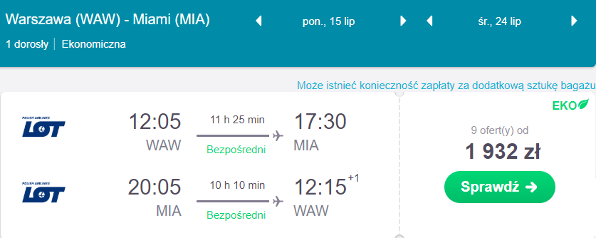 loty do miami w wakacje