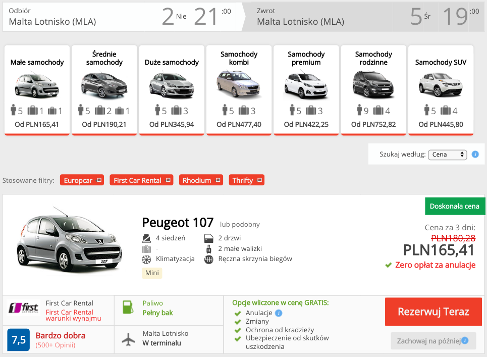 zarezerwuj auto na malcie