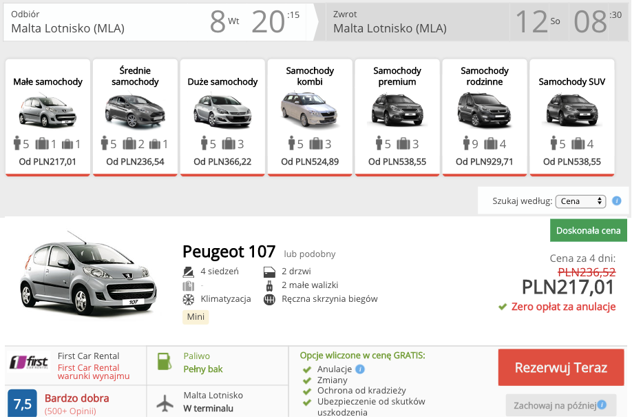 zarezerwuj auto na malcie