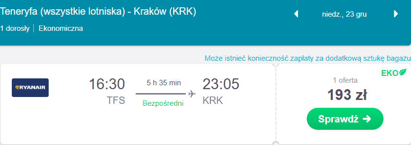 teneryfa krakow tani lot