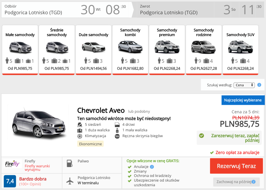 zarezerwuj auto w podgoricy