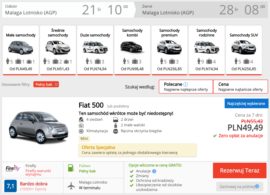 zarezerwuj auto w maladze