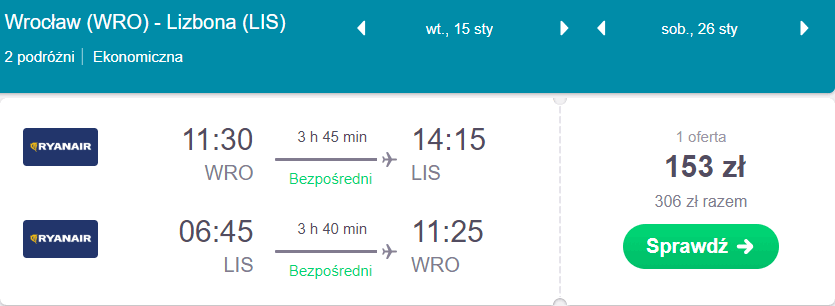 lizbona z wrocławia tanio