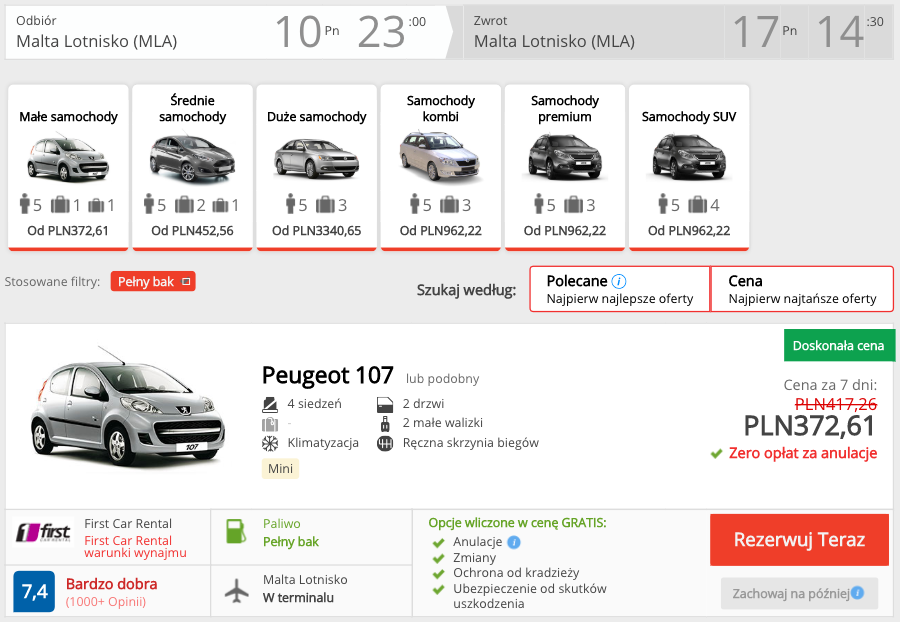 zarezerwuj auto na malcie