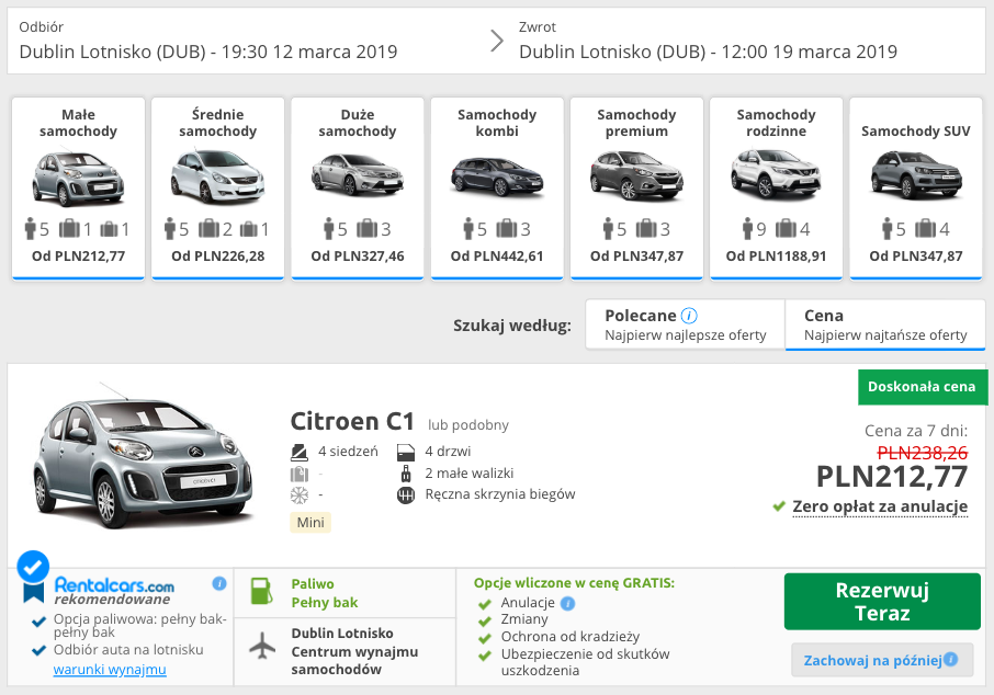 zarezerwuj auto w dublinie