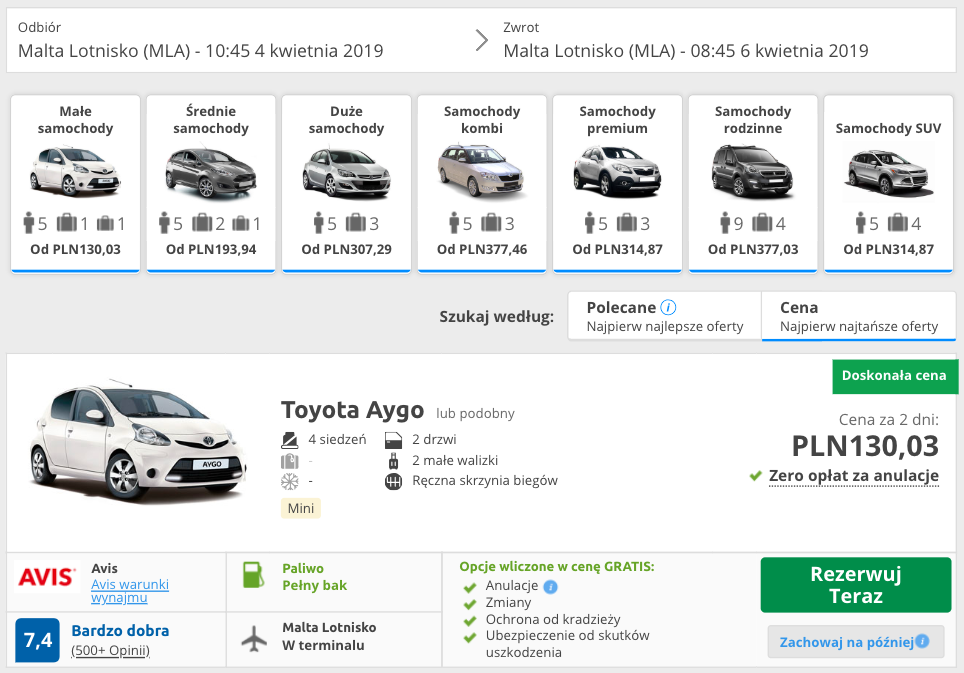 zarezerwuj auto na malcie