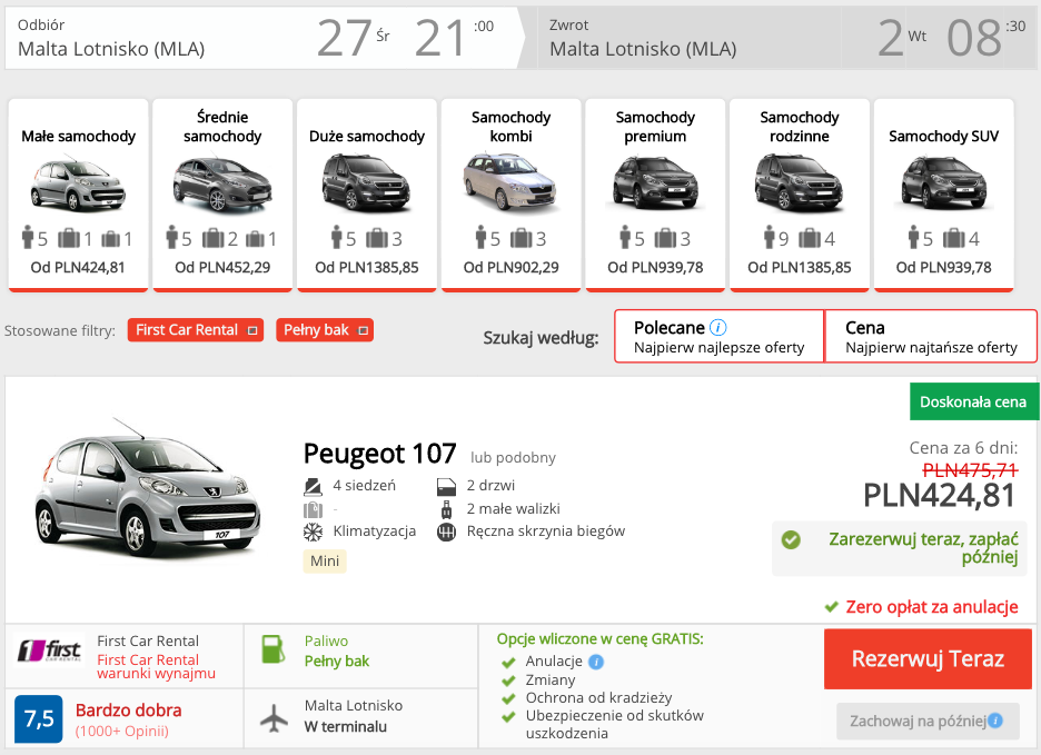 zarezerwuj auto na malcie