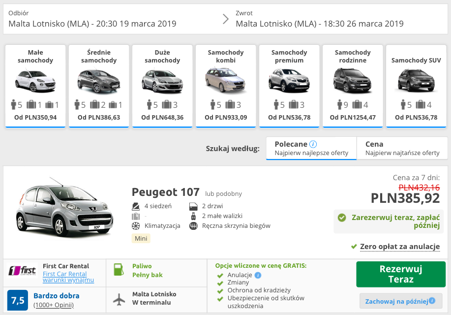 zarezerwuj auto na malcie