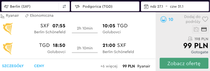 zarezerwuj loty do podgoricy