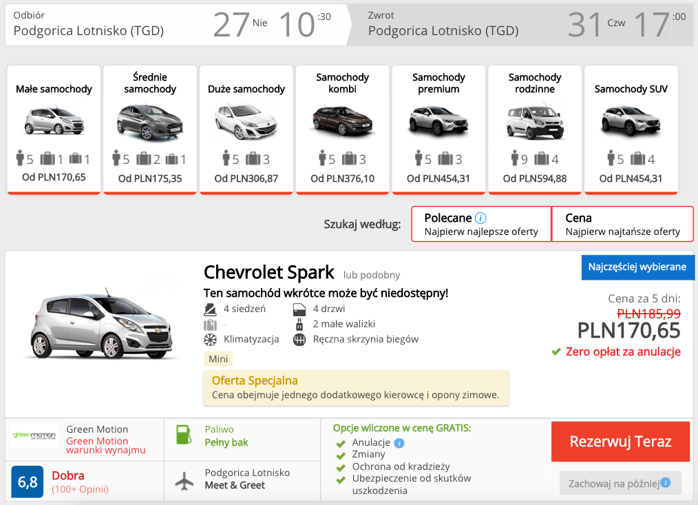 zarezerwuj auto w podgoricy