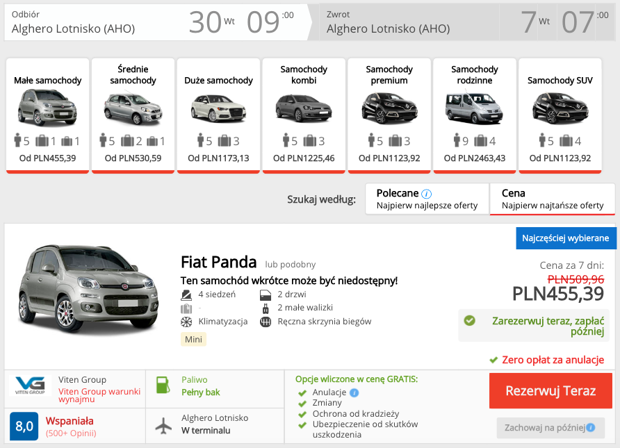 zarezerwuj auto w alghero