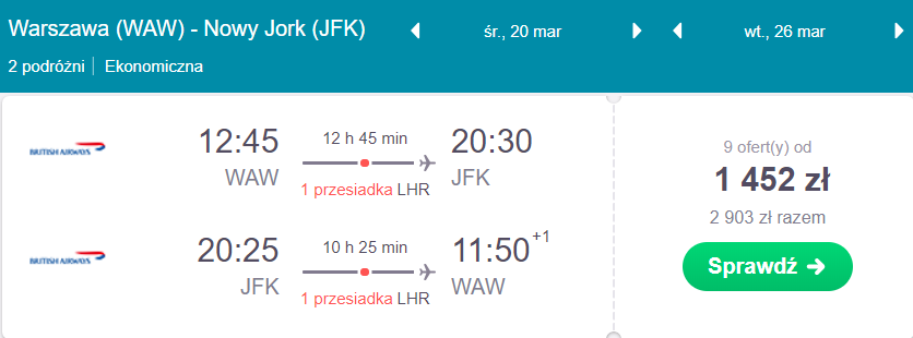 loty do nowego jorku