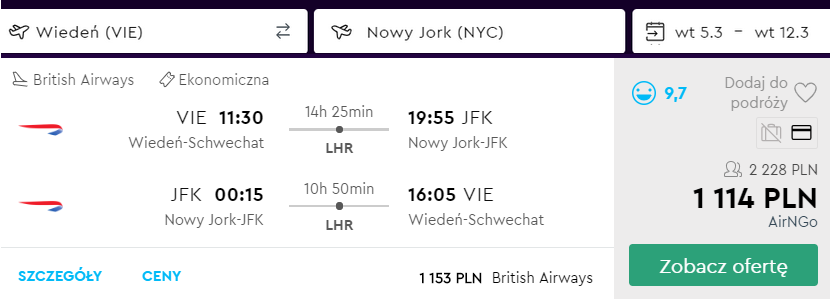 loty do nowego jorku