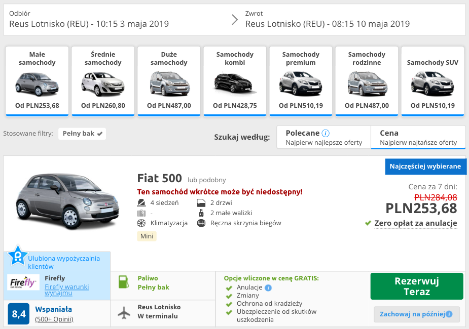zarezerwuj auto w hiszpanii