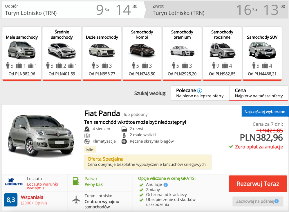 zarezerwuj auto w turynie