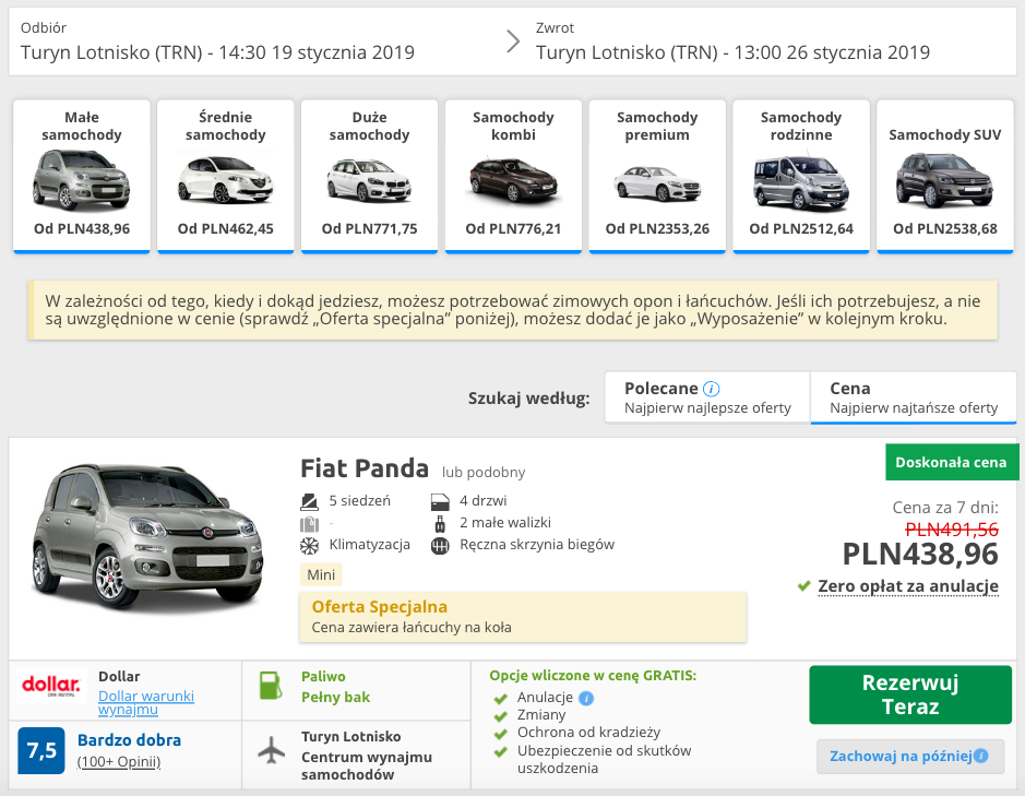 zarezerwuj auto w turynie