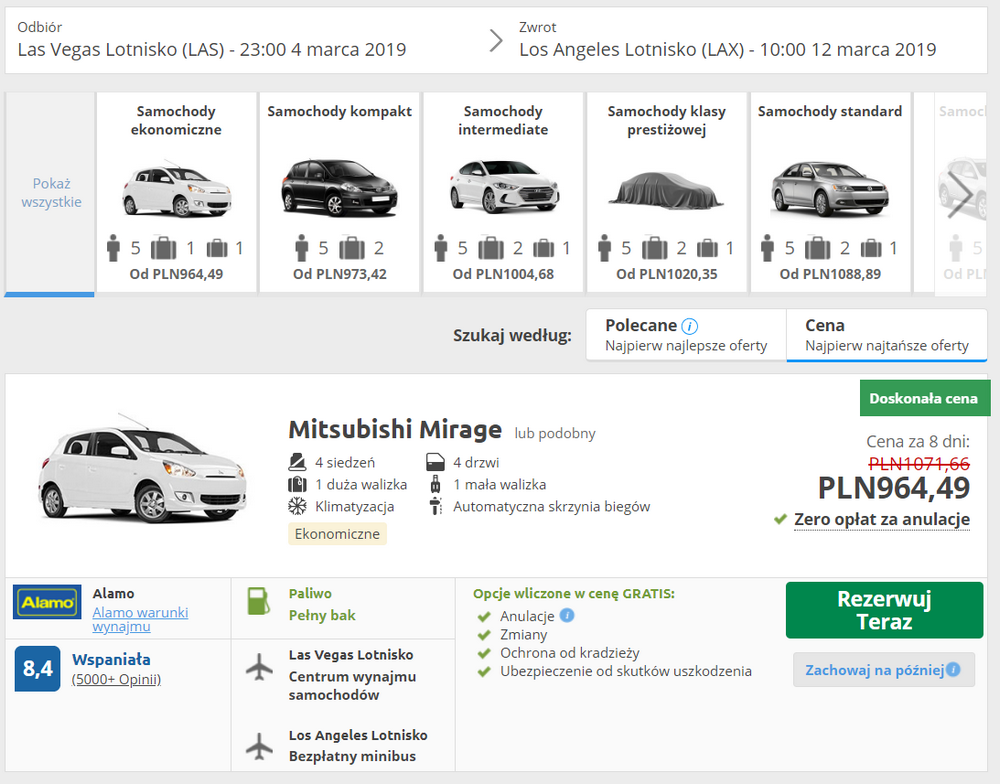 las vegas wypożyczenie samochodu