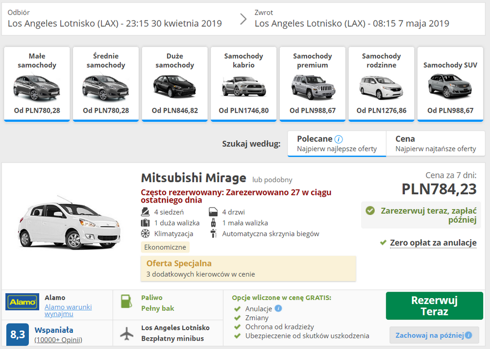 los angeles wypożyczenie samochodu