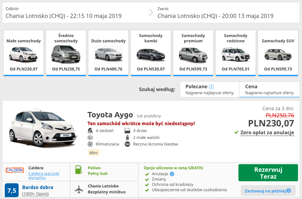 zarezerwuj auto na krecie