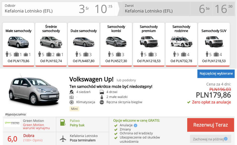 zarezerwuj auto w kefalinii