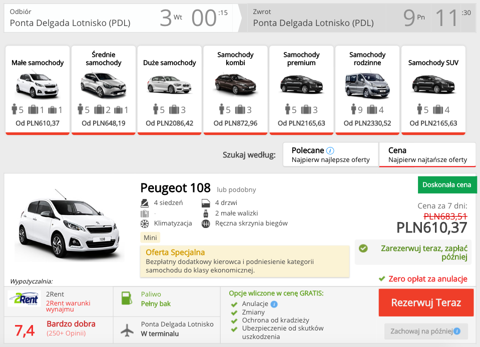 zarezerwuj auto na azorach